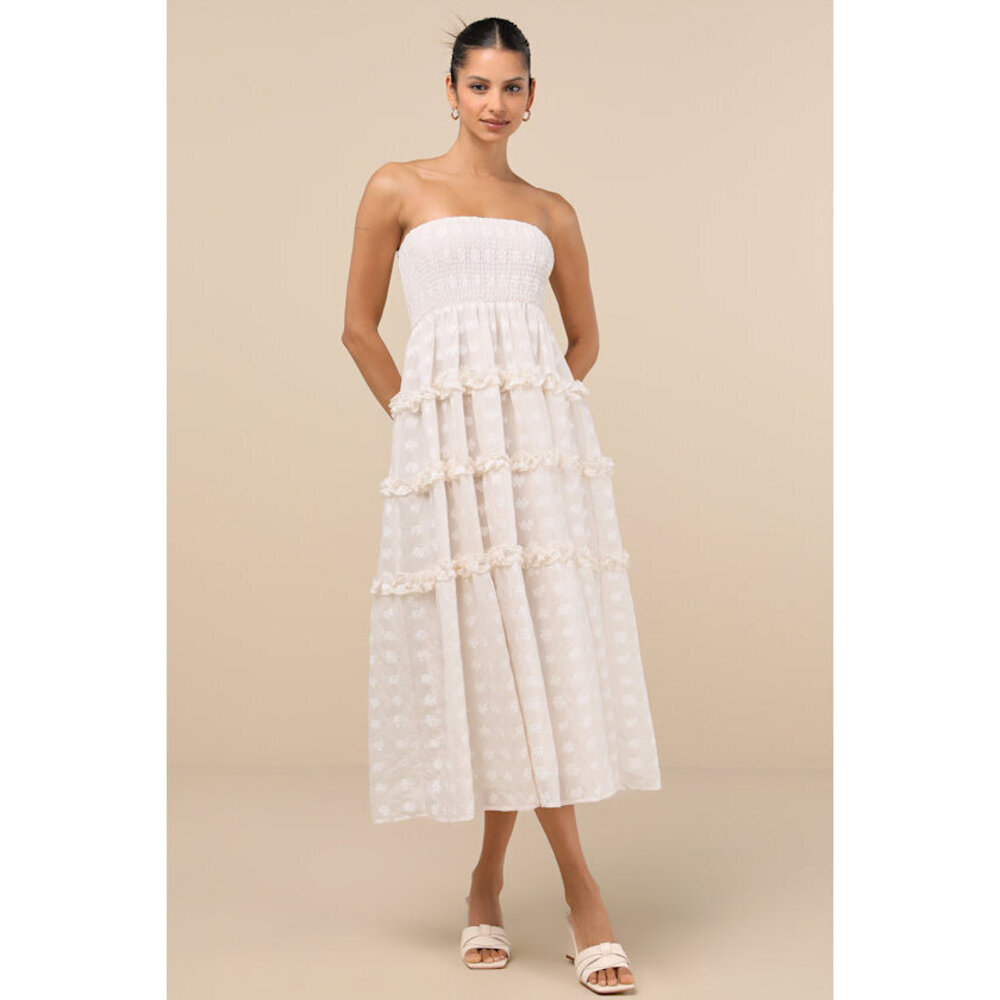 Lulus Beautiful Sentiments Ivory Floral Strapless Tiered Midi Dress White